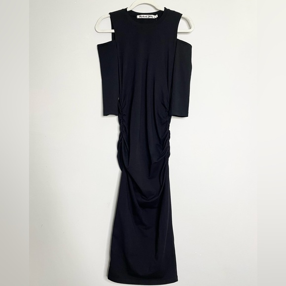 MICHAEL STARS Cold Shoulder Fitted Elbow Sleeve Ruched T-Shirt Midi Dress - Picture 1 of 4